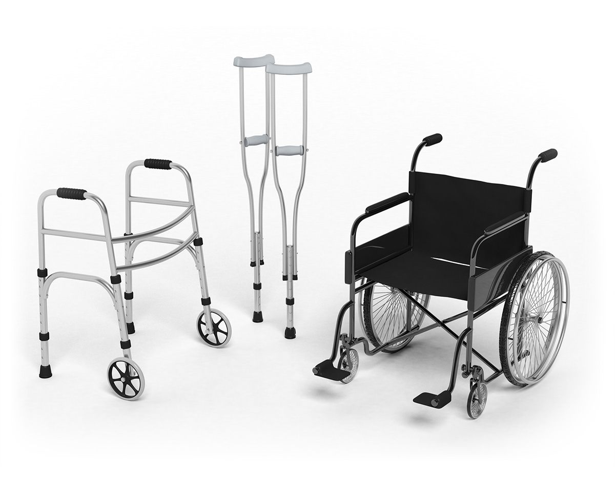 A walker, wheelchair and crutches on a white background.