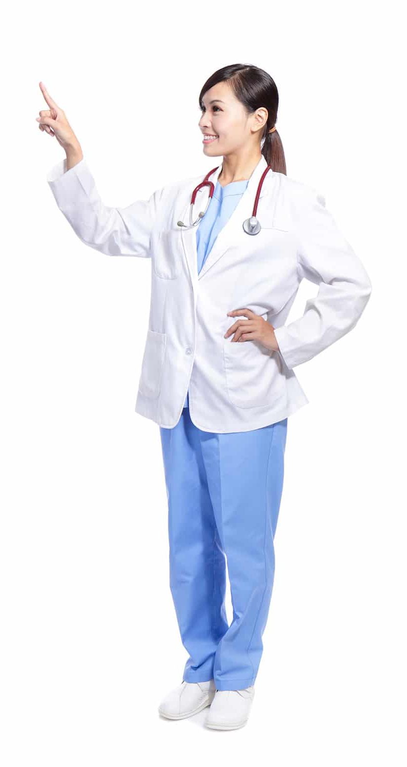 A doctor in scrubs and a lab coat points to the side.