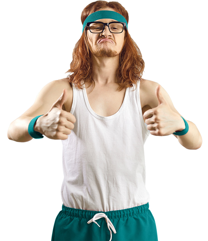 A silly man with long hair, workout sweat bands, and a tank top gives a double thumbs up.