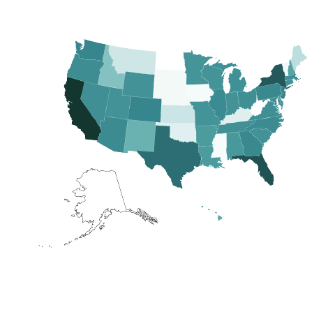 A heatmap of the United States by Product Liability policy owners.