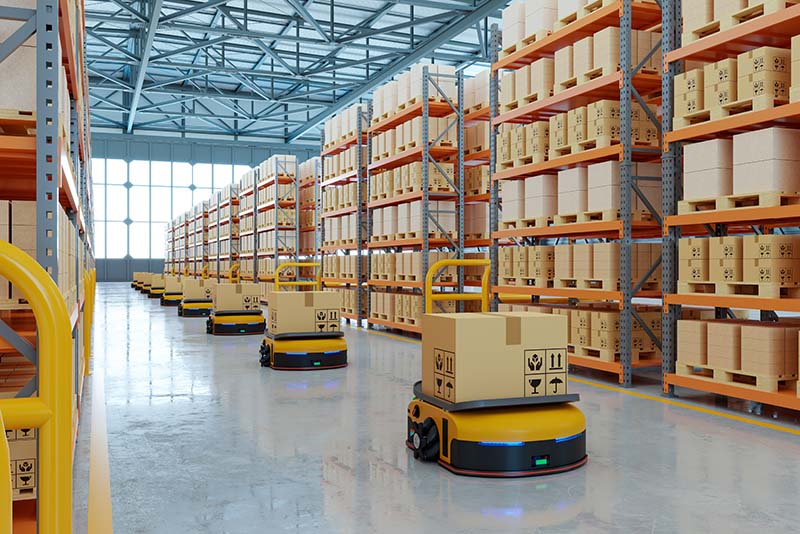 A warehouse with automated forklifts