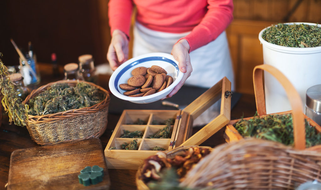 A woman is holding a plate of cannabis cookies surrounded by the different types of cannabis ingredients that can be used in a variety of different ways.