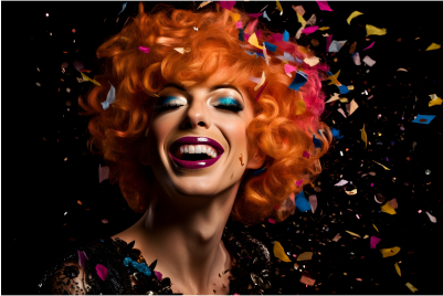 drag queen closing eyes with confetti falling down