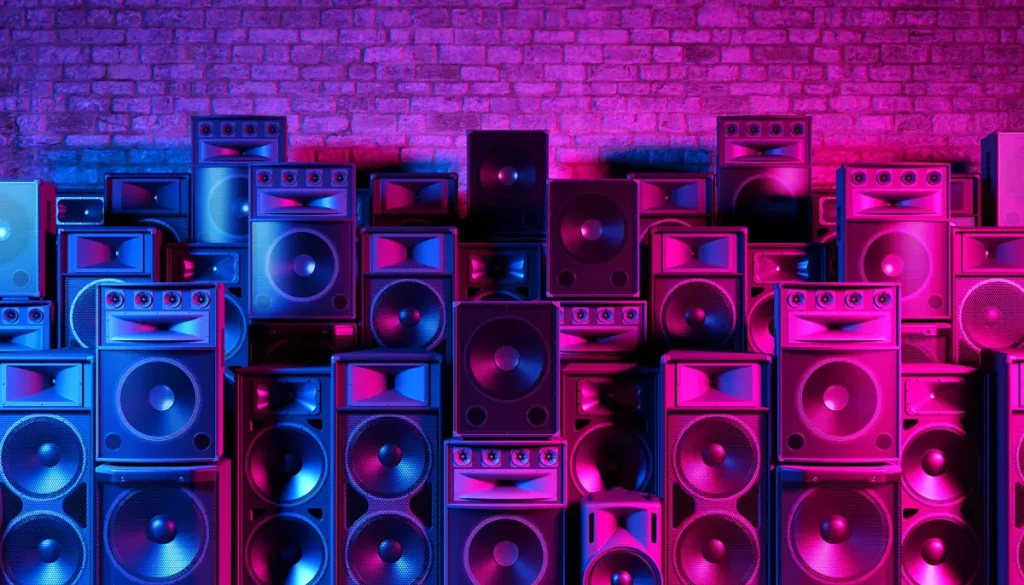 Wall of speakers with purple and blue light reflections