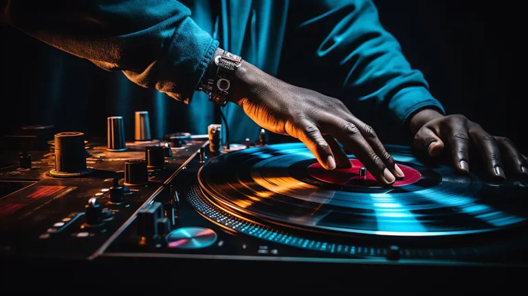 Up close image of hands on DJ turntable