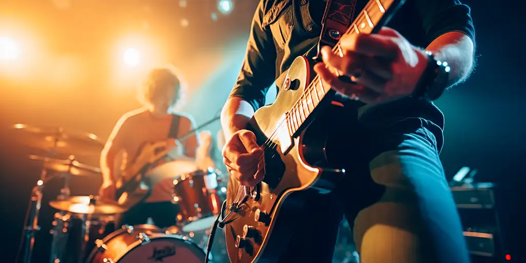 Up close view of musician and their guitar