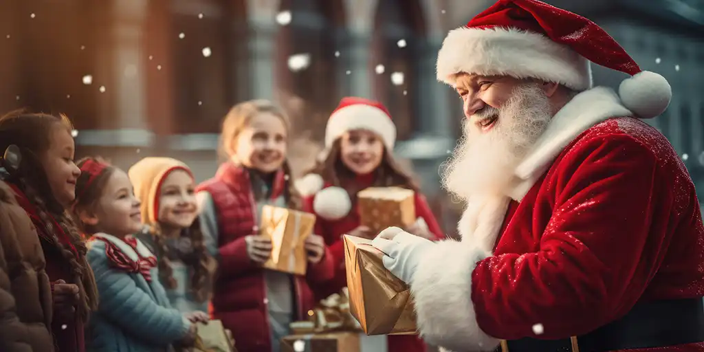 Santa giving gifts to small children