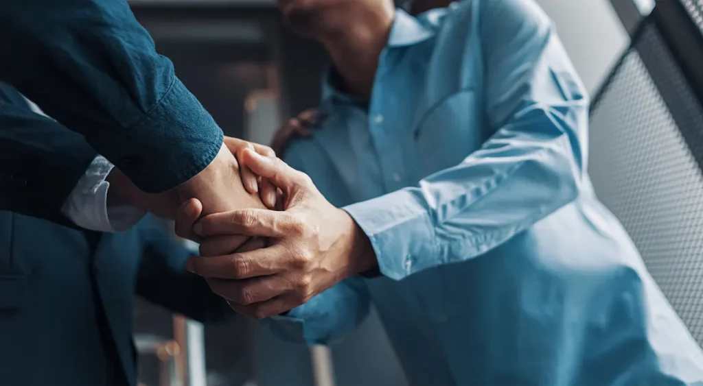 Two people in business attire firmly shaking hands