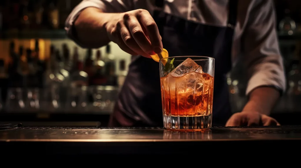 A bartender garnishes a glass of liquor with an orange slice.