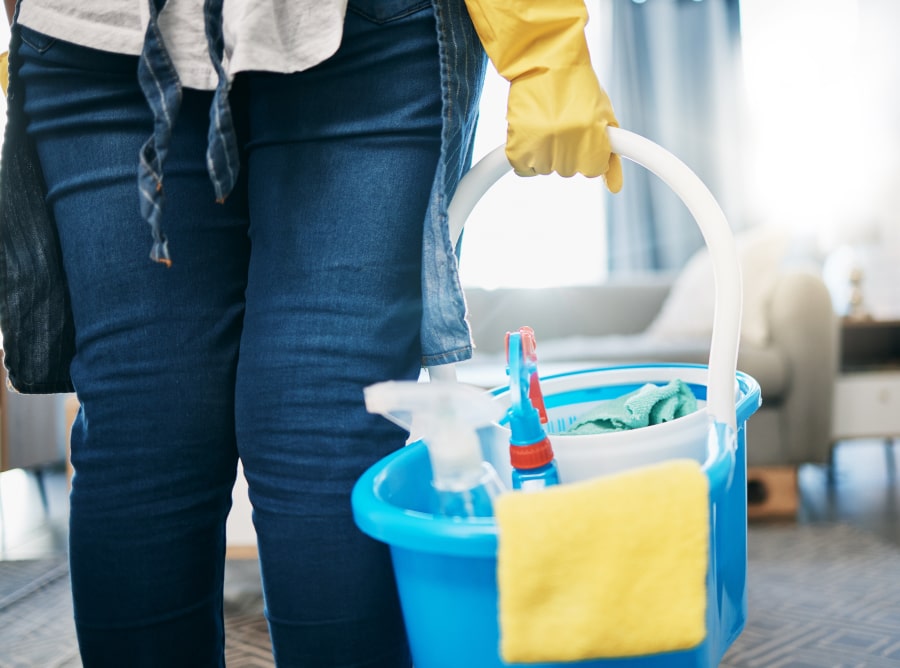 woman carrying cleaning bucket