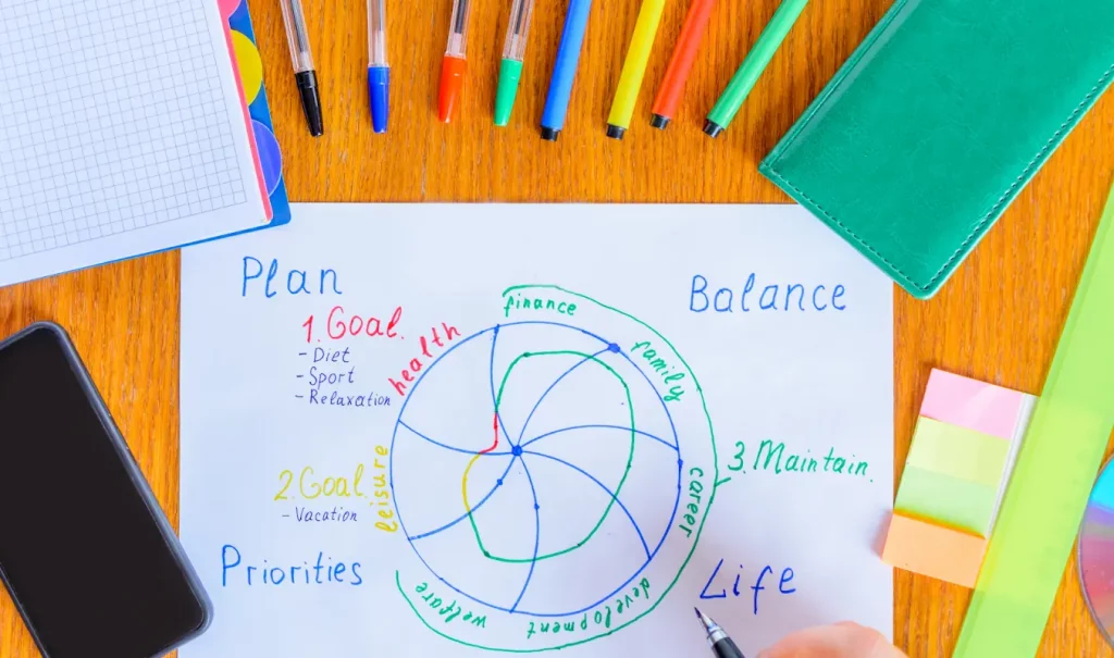 A colorful diagram drawn on paper showing a cycle for creating goals.