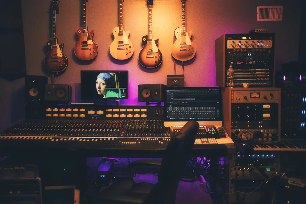 A music studio filled with an assortment of contemporary, vintage, and analog gear illuminated by orange and purple lights.