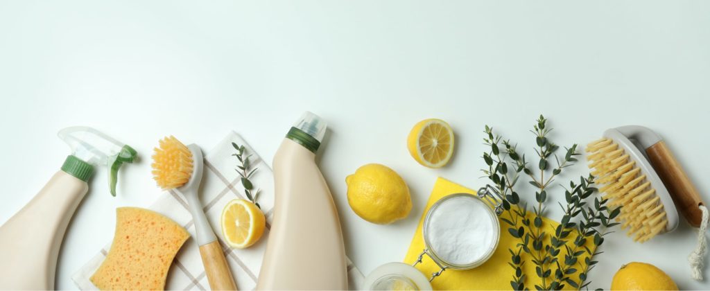 a variety of cleaning supplies sprinkled with other lemons, and foliage on a counter top
