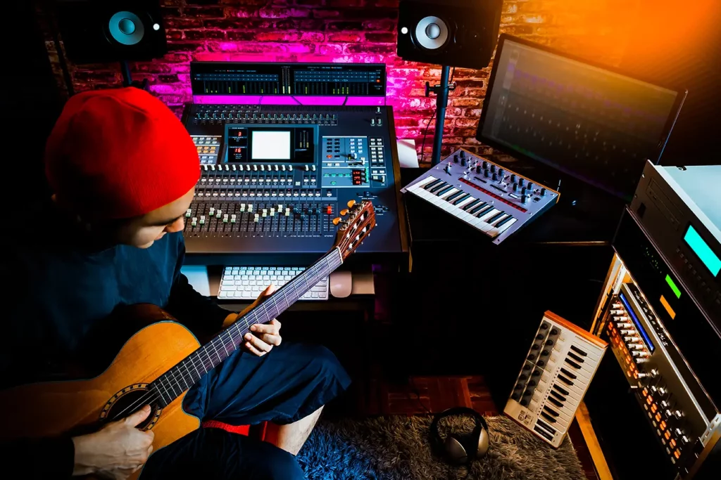 Musician holding a guitar in a studio.
