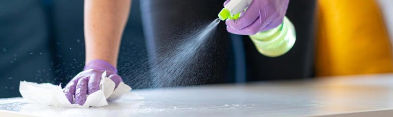 cleaning with spray bottle and paper towel