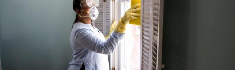 woman cleaning interior window with sponge