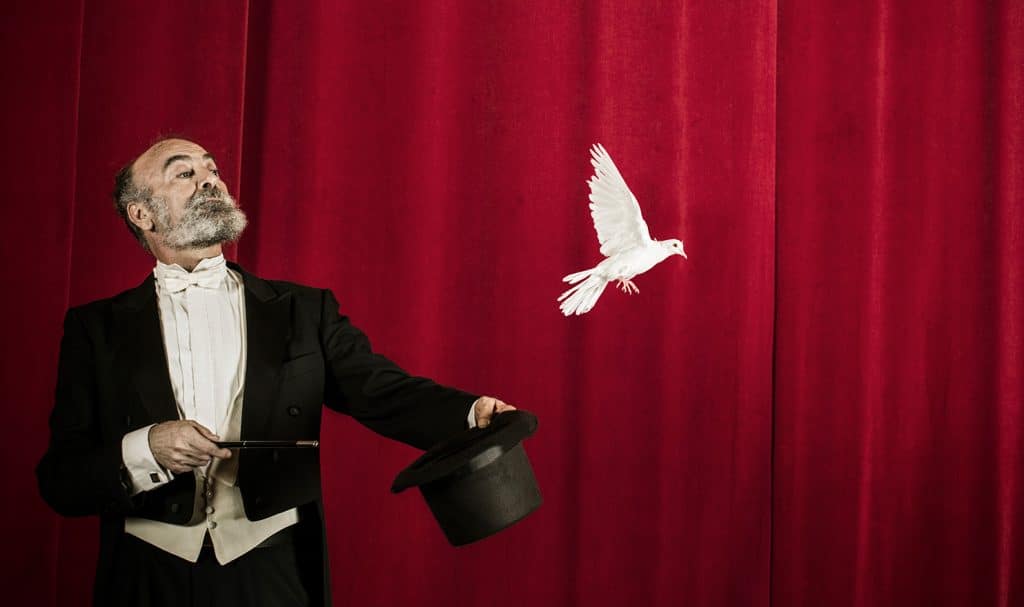 magician performing magic trick with a bird and his hat
