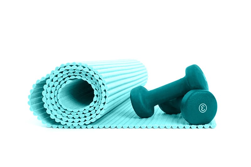 a yoga mat and weights.