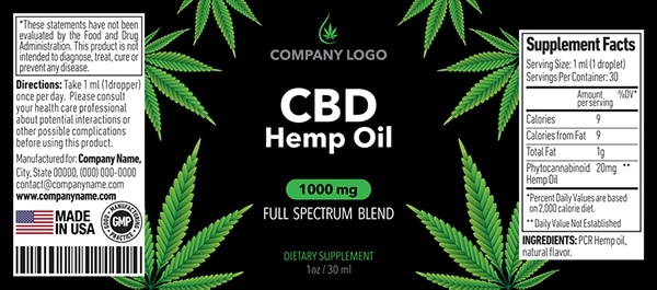 Image of a generic CBD label that may be used by a company who wants to be insured with cannabis business insurance.