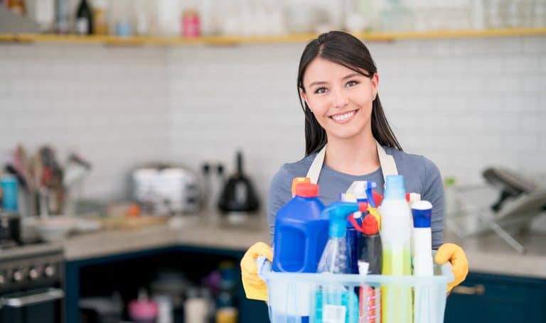 housemaid holding cleaning supplies